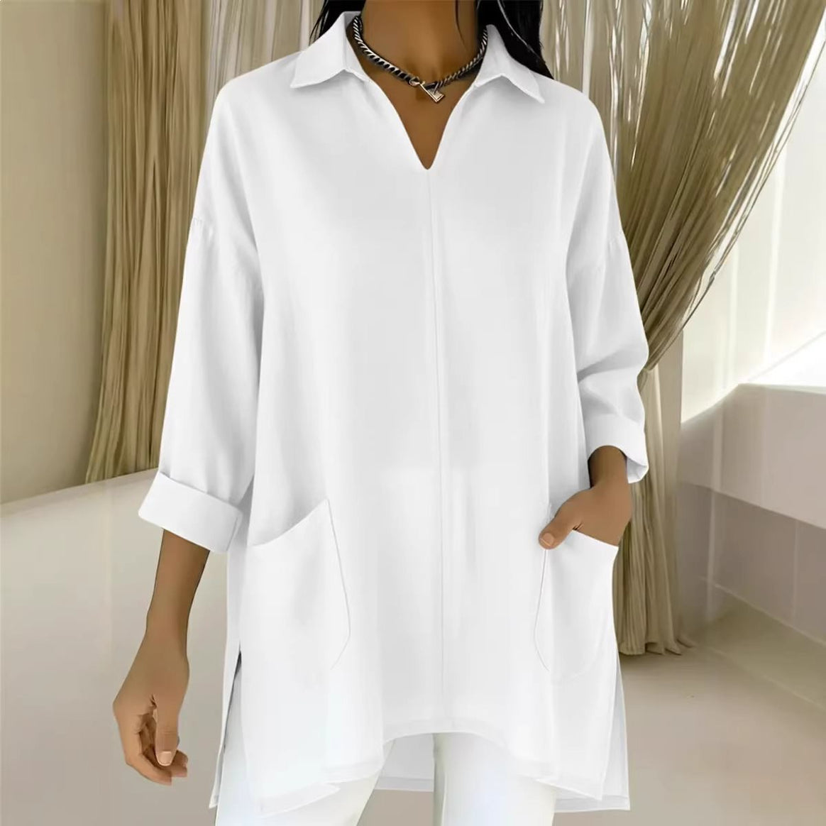 Women Oversized Tunic with Shirt Collar, V-Neck and Patch Pockets Mune Fashion