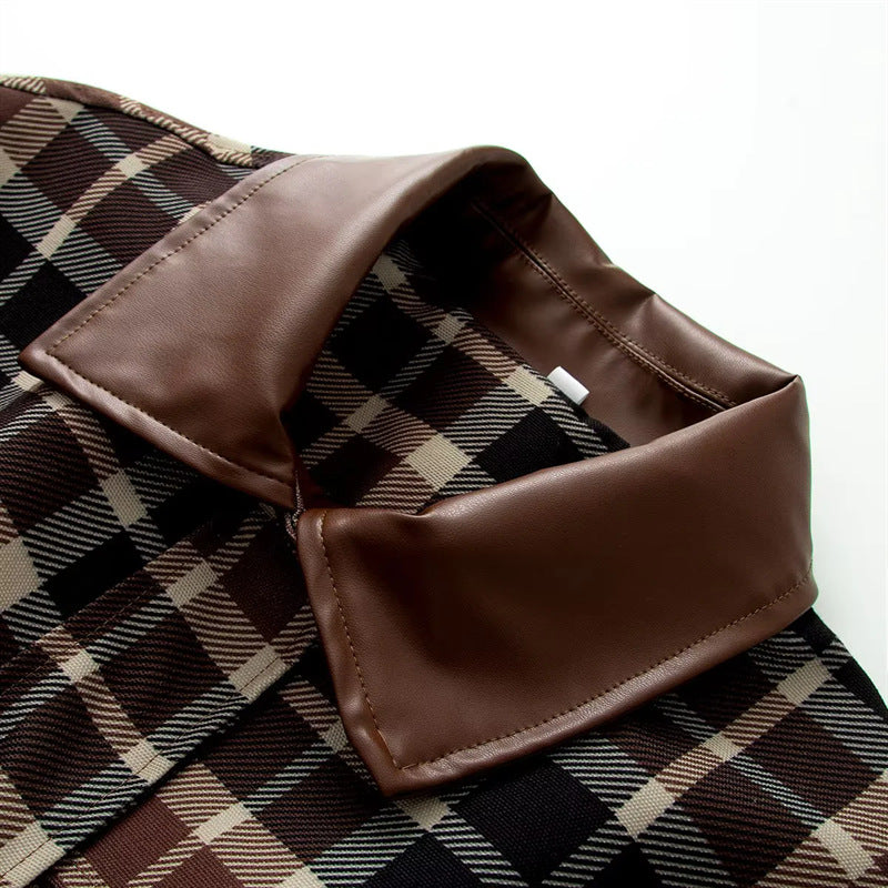 Women's checkered transitional jacket with faux leather shawl collar, waist drawstring and patch pockets Mune Fashion