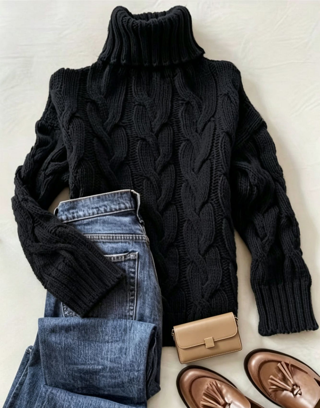 Women's chunky knit turtleneck sweater with distinctive cable patterns and ribbed cuffs Mune Fashion