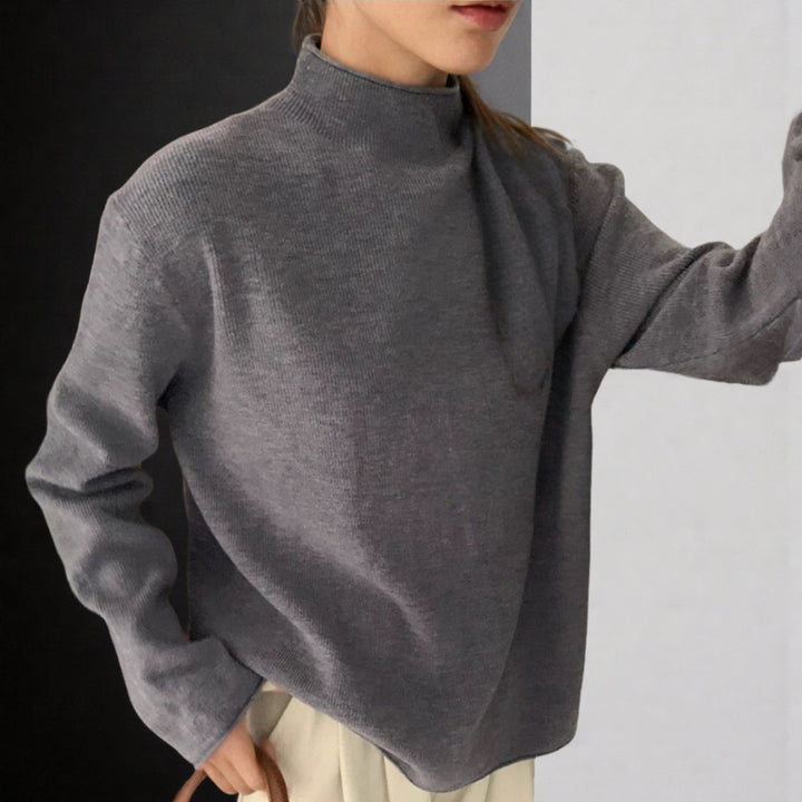 Women's Oversize Fine Knit Sweater with Stand-Up Collar and Ribbed Texture Mune Fashion