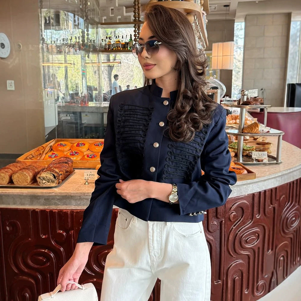 Women Short Cut Military Inspired Trim Jacket with Cord Applications and Decorative Buttons Mune Fashion