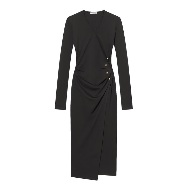Women’s wrap dress with draping, lateral ornamental button placket and V-neck Mune Fashion
