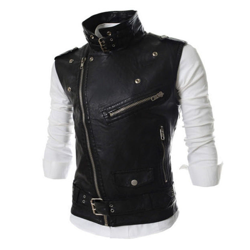 Men's sleeveless biker vest with asymmetric zipper, decorative belts and metal accents Mune Fashion