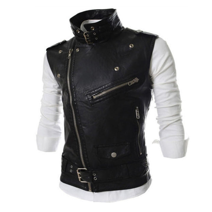 Men's sleeveless biker vest with asymmetric zipper, decorative belts and metal accents Mune Fashion