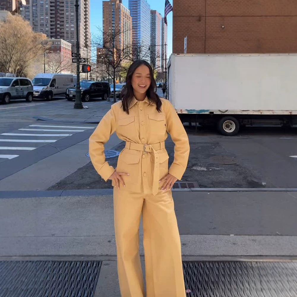 Women's Tailored Utility Jacket in Safari Style with Wide Tie Belt and Flap Pockets
