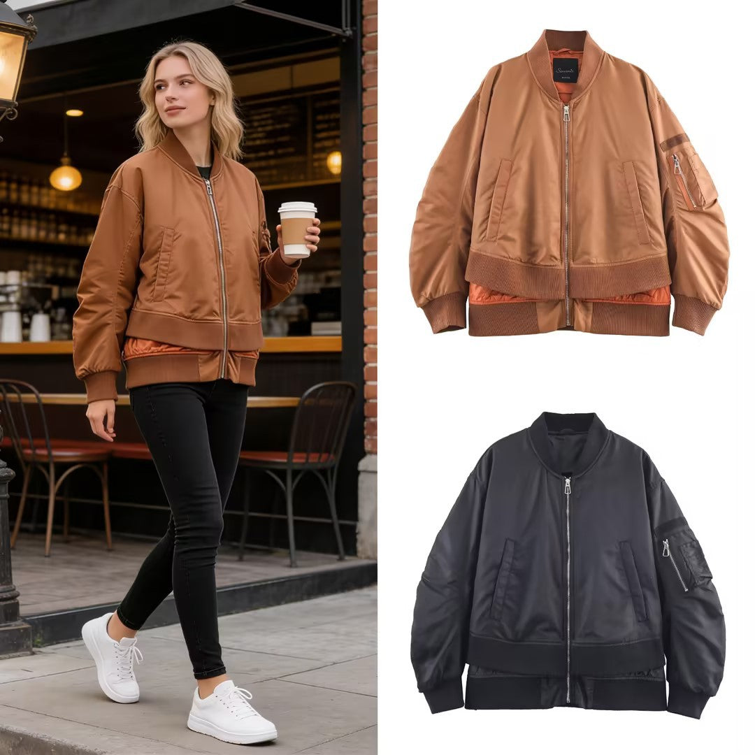 Women's Oversize Bomber Jacket with padded quilted lining, sleeve zip pocket and wide ribbed cuff Mune Fashion
