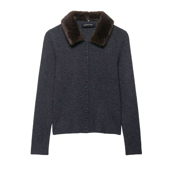 Women's fine-knit cardigan with faux fur collar and concealed button placket Mune Fashion