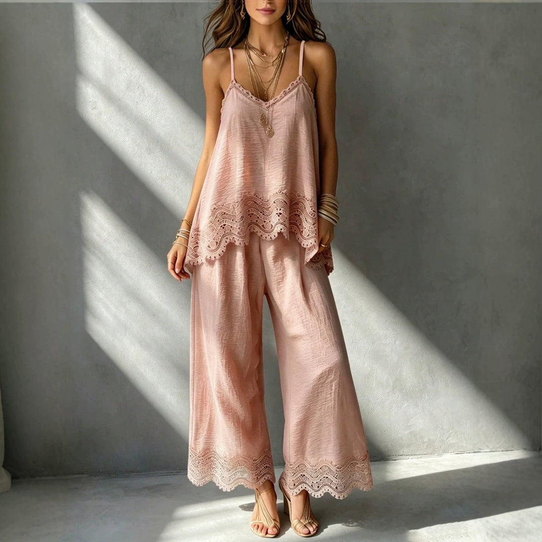 Ladies lightweight two-piece set with spaghetti strap top, intricate lace hem, and wide palazzo pants Mune Fashion
