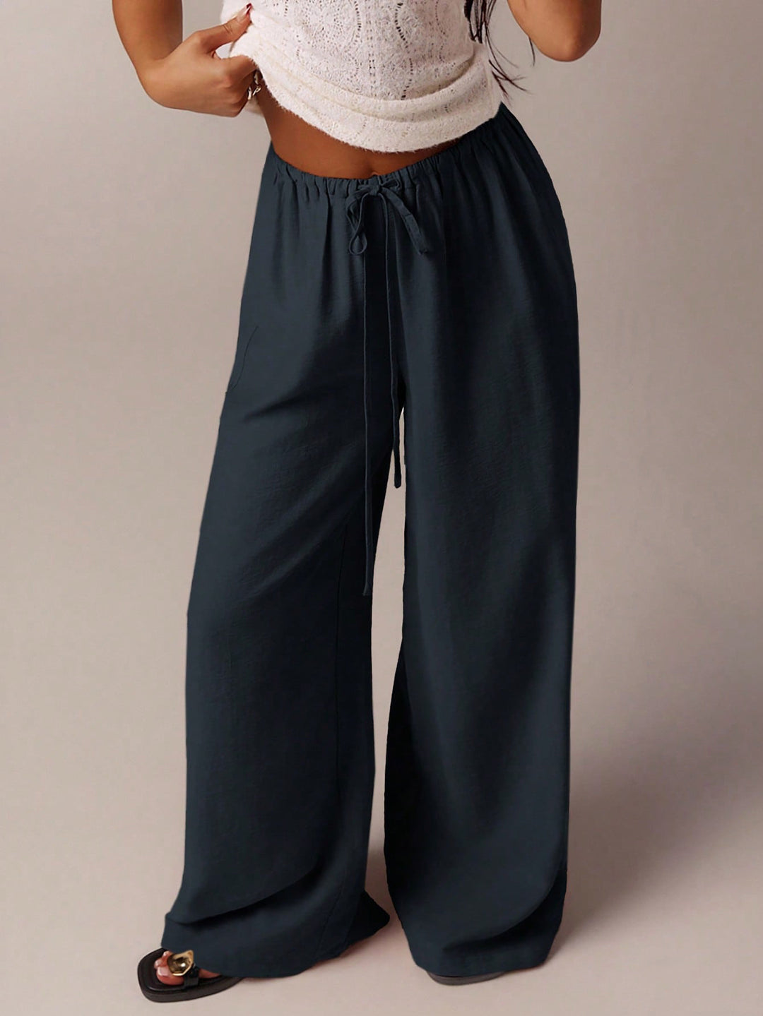 Ladies Wide Relax Pants made of Viscose-Linen Blend with Elastic Waistband and Drawstring Mune Fashion
