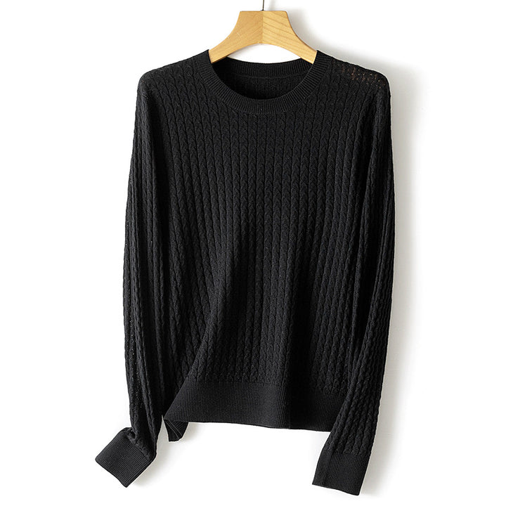 Women's fine cable knit sweater with round neckline and ribbed trims Mune Fashion