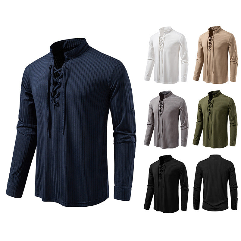 Men's Ribbed Long Sleeve Henley Shirt with Lacing and Stand Collar Mune Fashion
