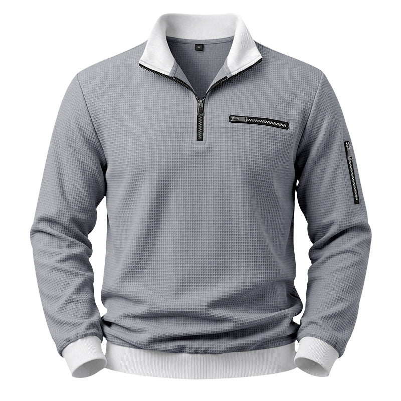 Men's Structured Waffle Sweater with Half-Zip and Zipper Pockets Mune Fashion