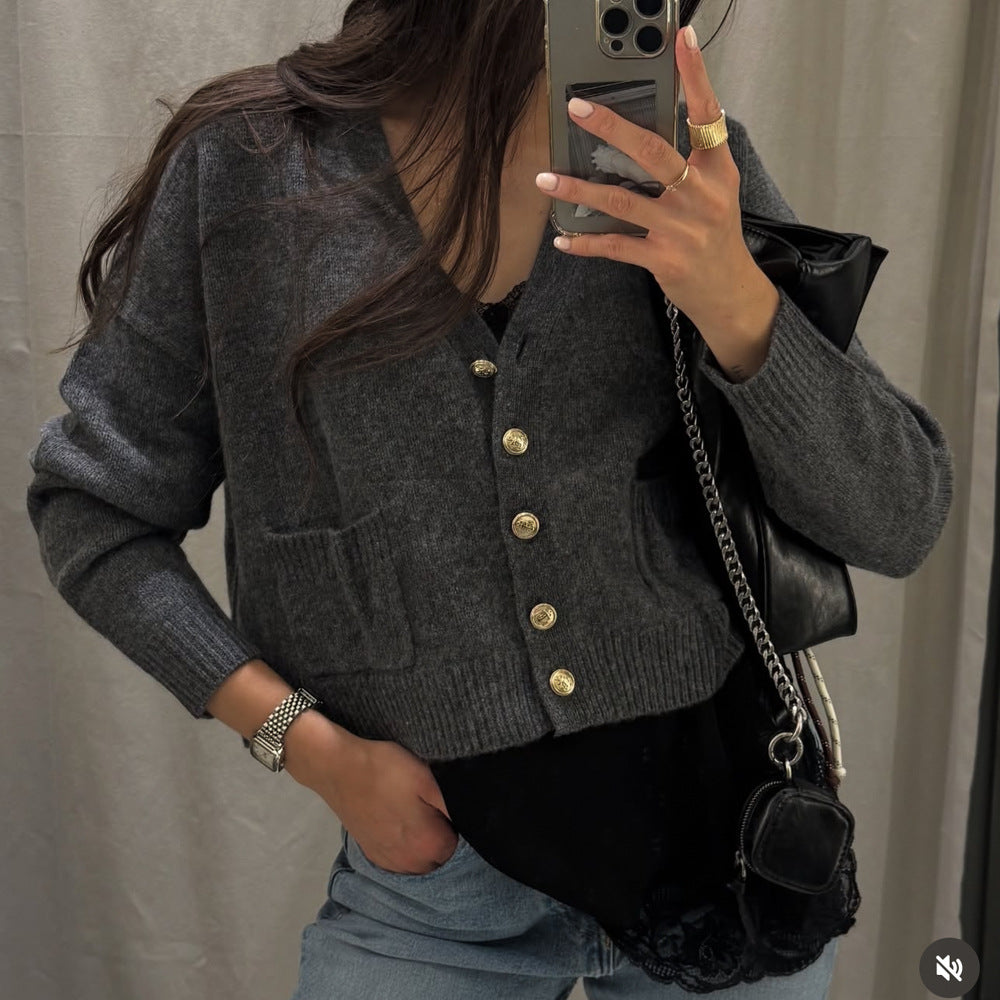 Women's Plus Size Wool Blend Cardigan with V-Neck, Gold Decorative Buttons and Flap Pockets Mune Fashion
