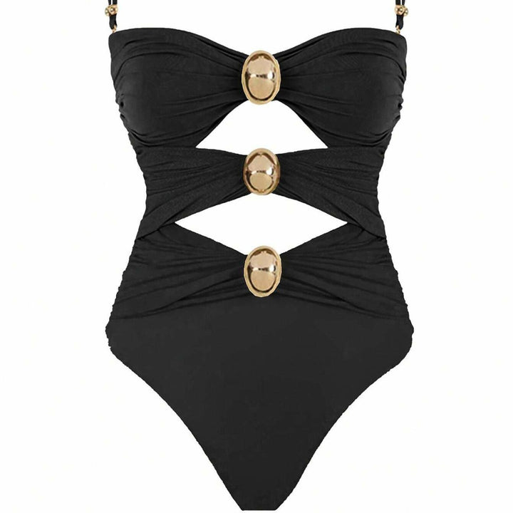 Women's one-piece swimsuit with intricate cut-outs and decorative metal accents Mune Fashion