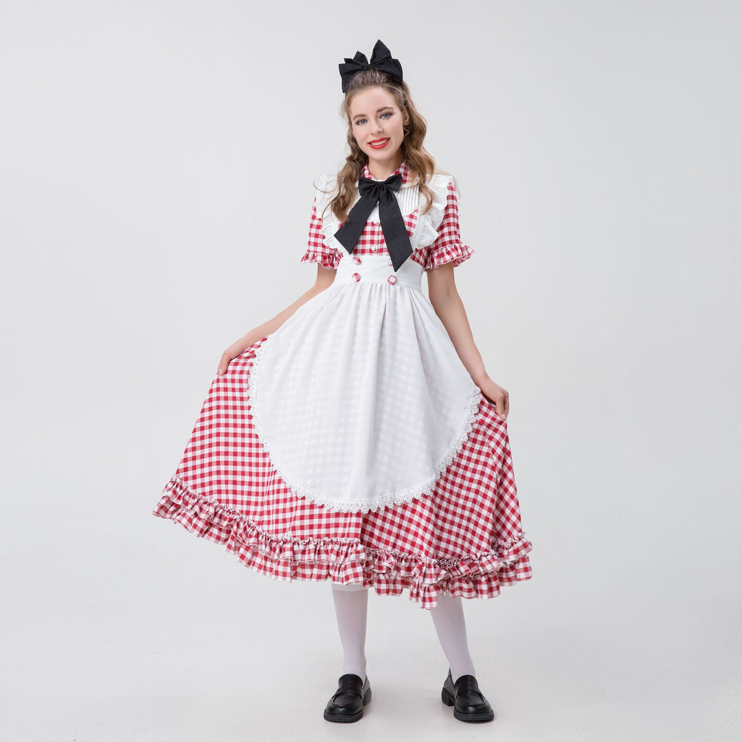 Women's vintage-inspired checked swing dress with detachable apron, ruffled sleeves, and bow collar Mune Fashion
