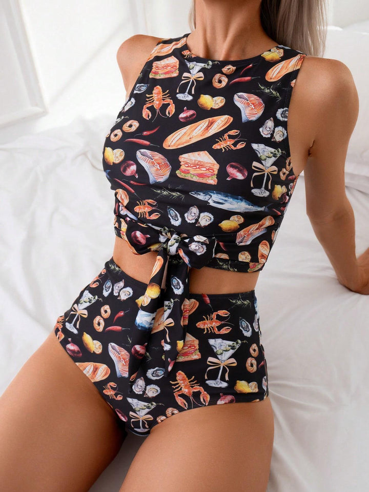 Women's high-waisted bikini set with fashionable knot detail Mune Fashion