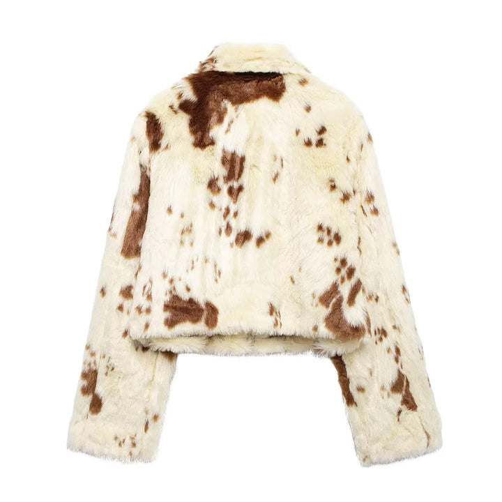 Women's cropped faux fur jacket in cow print design with shirt collar and concealed zipper Mune Fashion