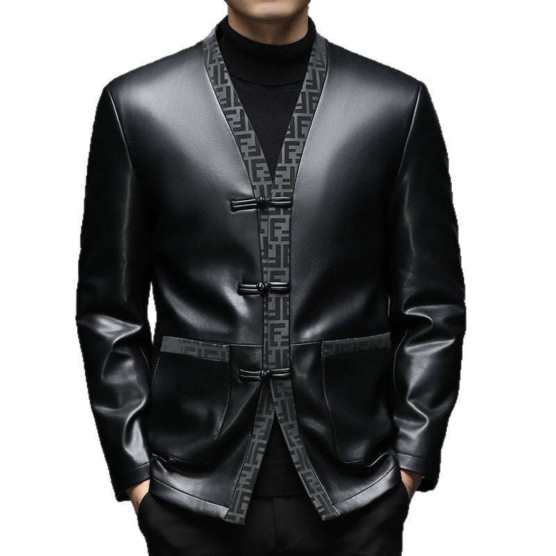 Men's Faux Leather Cardigan Jacket with KnMune Fashion Fastenings and Contrasting Shawl Collar Mune Fashion