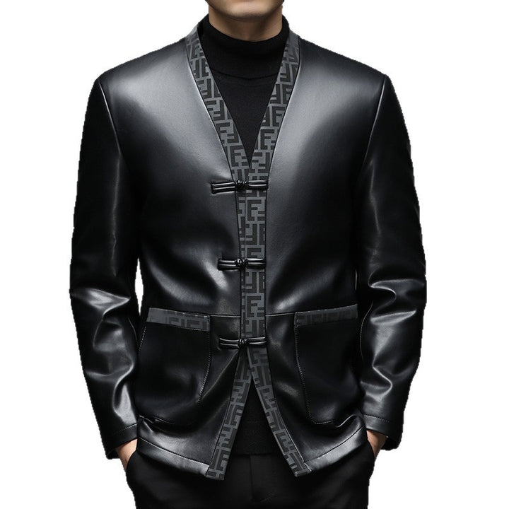 Men's Faux Leather Cardigan Jacket with KnMune Fashion Fastenings and Contrasting Shawl Collar Mune Fashion