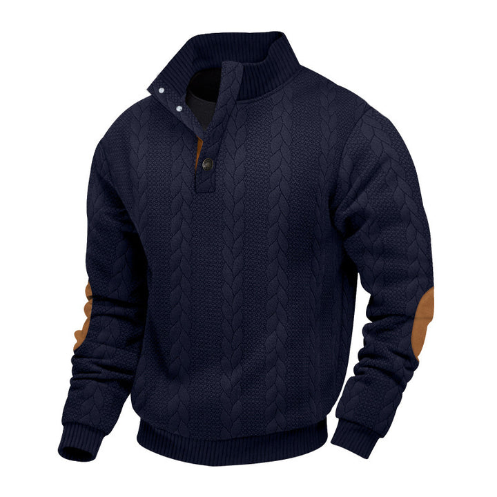 Men's cable knit turtleneck with stand-up collar, half button placket, and contrasting leather applications Mune Fashion