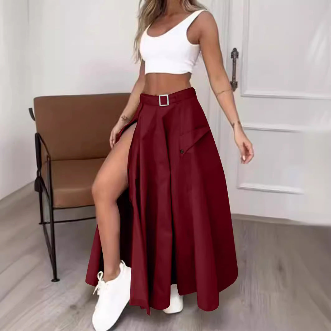 Women's maxi skirt with high slit, cargo pockets and waist belt Mune Fashion