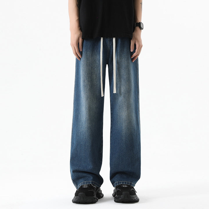 Men's Wide Denim Jogging Pants with Elastic Waistband and Long Drawstrings Mune Fashion