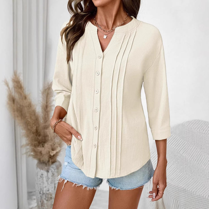 Women Loose Tunic Shirt with Pleats and Three-Quarter Sleeves Mune Fashion