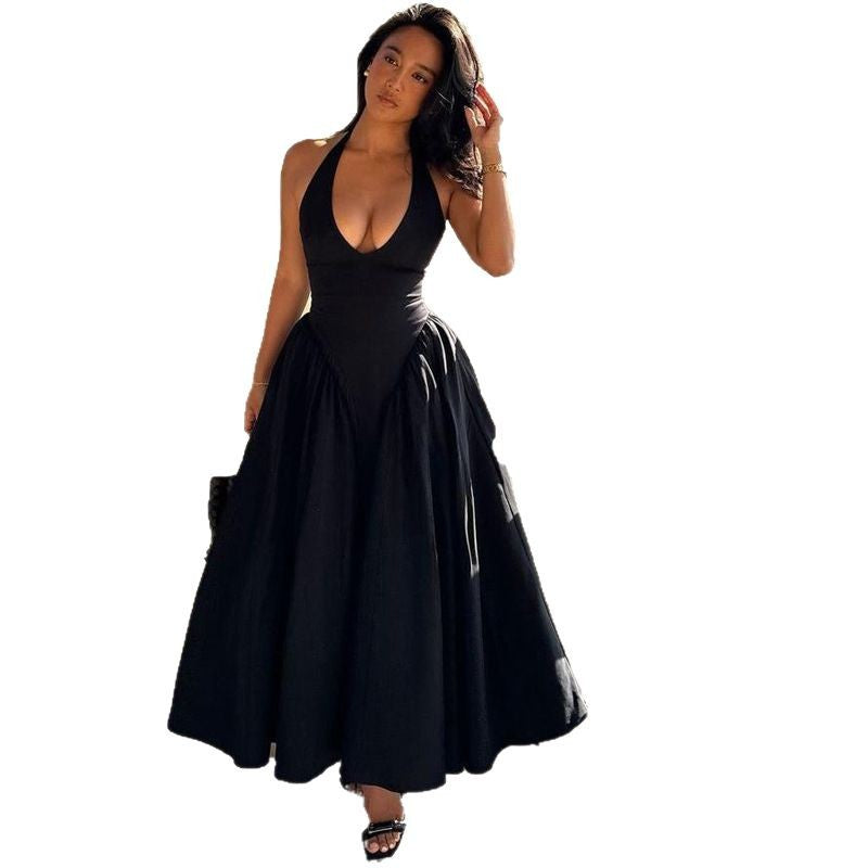 Women's figure-flattering halter bustier midi dress with tailored bodice and wide circle skirt Mune Fashion