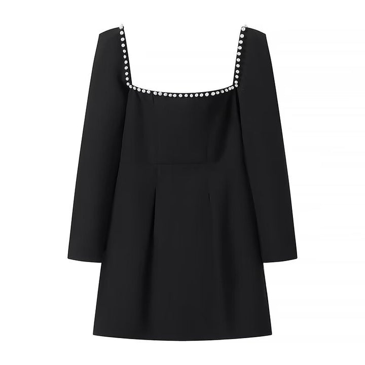 Women Figure-Hugging A-Line Mini Dress with Square Neckline, Long Sleeves and Beaded Detail Mune Fashion