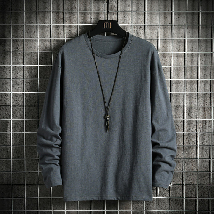 Men's Casual Cotton Basic Long Sleeve Shirt with Round Neck, Relaxed Fit and Reinforced Hem Processing Mune Fashion
