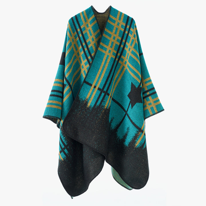 Women's Oversize Cape Poncho made of wool mix with star and check jacquard and softly falling drape