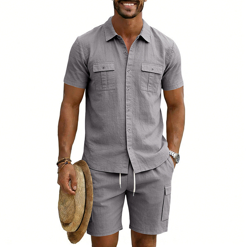 Men's summer leisure set made of cotton-linen blend with short-sleeve shirt and cargo shorts Mune Fashion