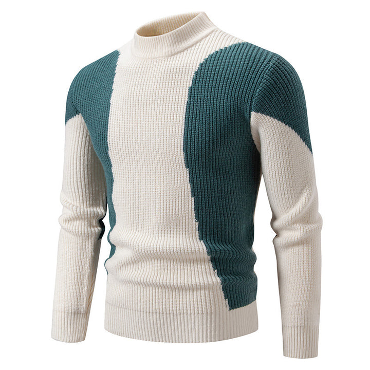 Men's fine ribbed knitted pullover with stand-up collar and contrast block design Mune Fashion