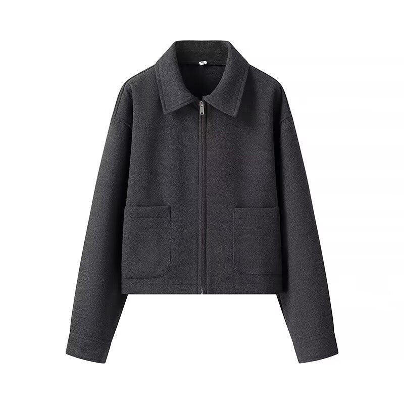 Women's tailored cropped blouson jacket in shirt collar style with concealed zipper front and large appliquéd pockets Mune Fashion