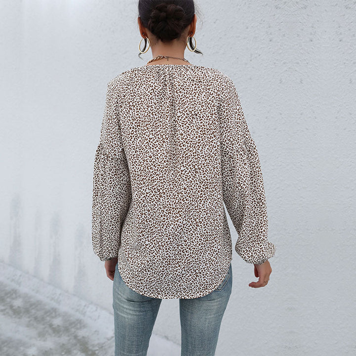 Women's Casual Tunic-Blouse with Fine Leopard Print, Button Placket and Balloon Sleeves Mune Fashion