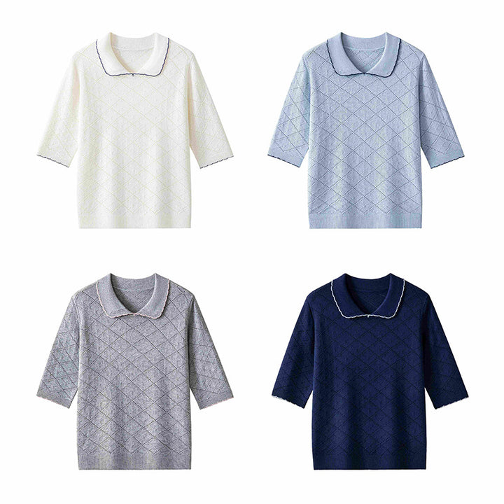 Women's short sleeve fine knit pullover with Peter Pan collar, eyelet diamond pattern and fine contrast edge Mune Fashion