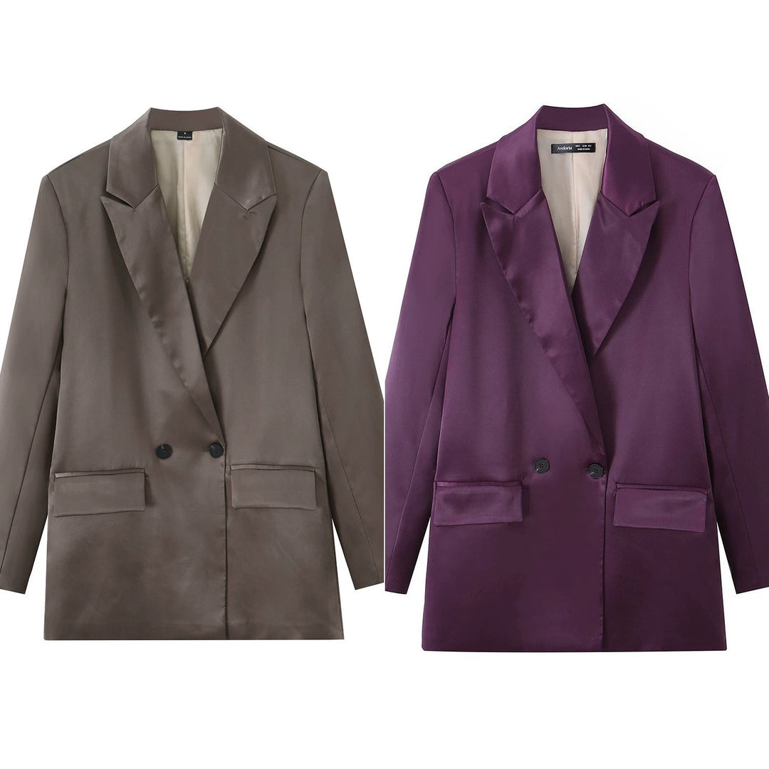 Ladies Satin Long Blazer with Double-Breasted Button Placket, Shawl Collar and Flap Pockets Mune Fashion
