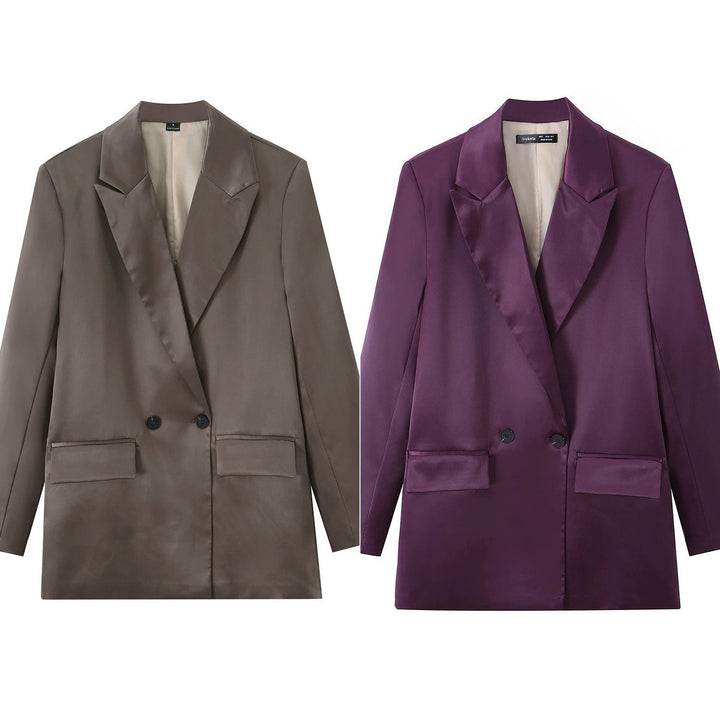 Ladies Satin Long Blazer with Double-Breasted Button Placket, Shawl Collar and Flap Pockets Mune Fashion