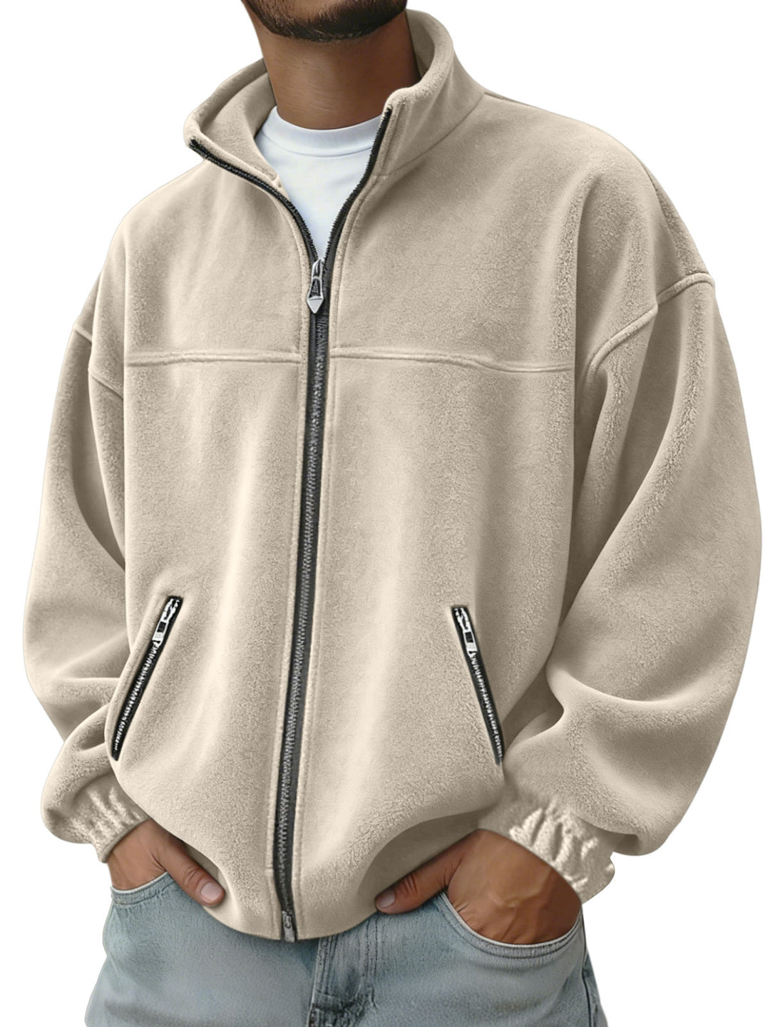 Men's Oversize Fleece Jacket with Stand-Up Collar, Full-Length Zipper and Zip Pockets EB