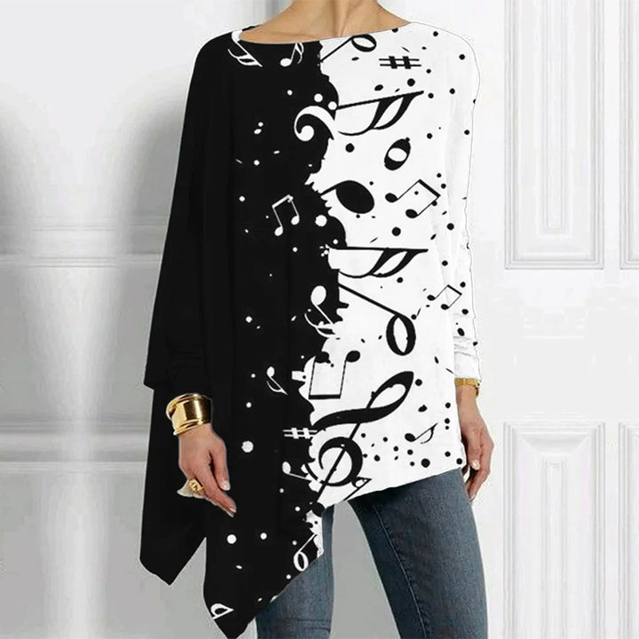 Women Asymmetrical Music Print Long Sleeve with Piano and Sheet Music Motif Mune Fashion