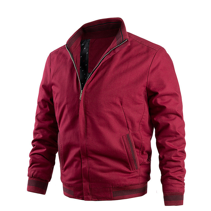 Men's lightweight canvas bomber in retro pilot cut with striped ribbed cuffs and concealed zipper.
