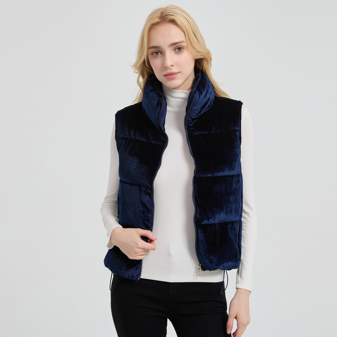Women's quilted velvet insulation vest with high stand-up collar and adjustable drawstring hem Mune Fashion