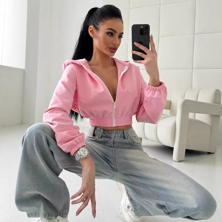 Women Short Zip-Up Hoodie with Elastic Hem and Casual Fit Mune Fashion
