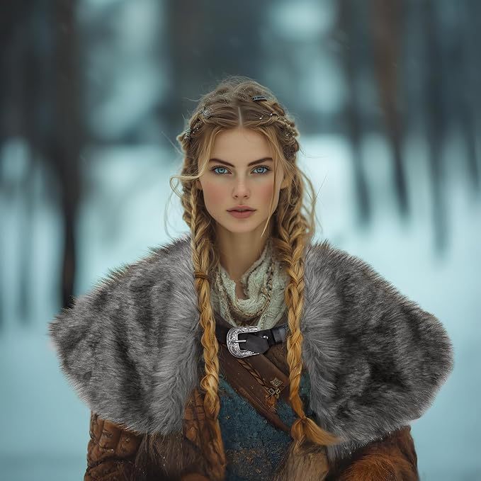 Ladies' coat cape made of faux fur with large shoulder collar and decorative buckle appliqué Mune Fashion