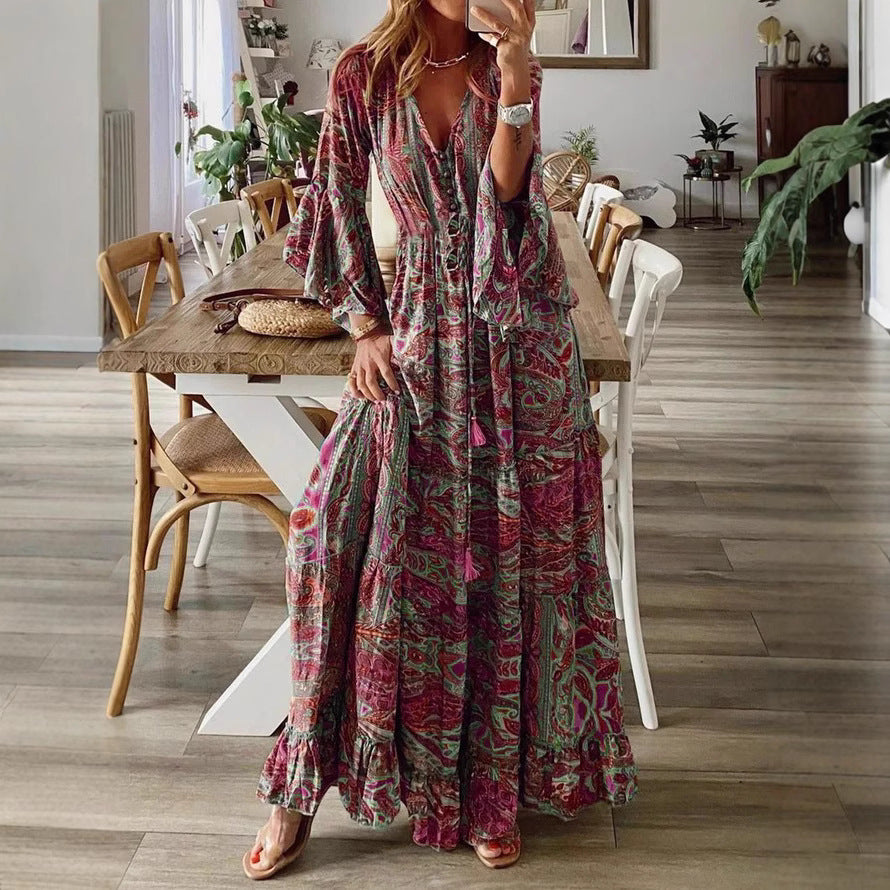 Women's Boho Maxi Dress with Paisley Print, V-Neck, Tiered Skirt and Tie Belt Mune Fashion