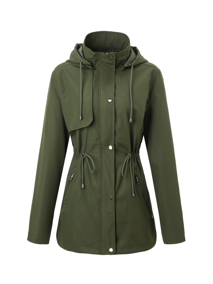 Women Lightweight Rain Parka with Hood and Waist Drawstring Mune Fashion