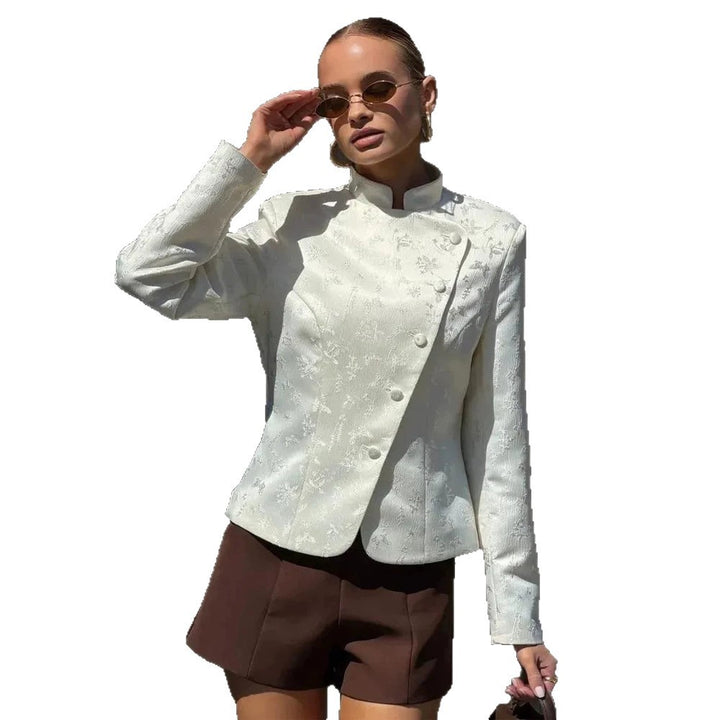 Women's Tailored Jacquard Blazer with Overlapping Lapels and Decorative Buttons Mune Fashion