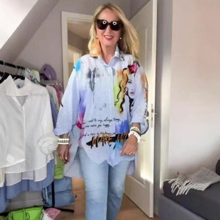 Women's elegantly printed loose-fitting shirt blouse with pop art motif and pinstripes Mune Fashion