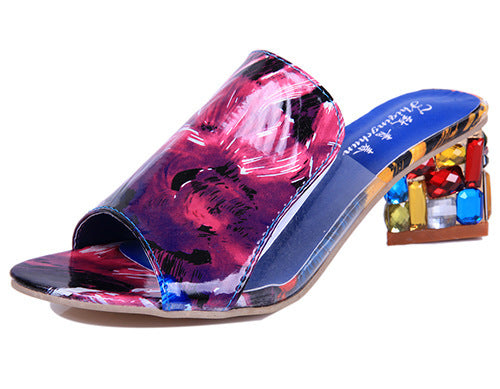 Women's embossed mule with open toe and faceted gemstones on the block heel Mune Fashion