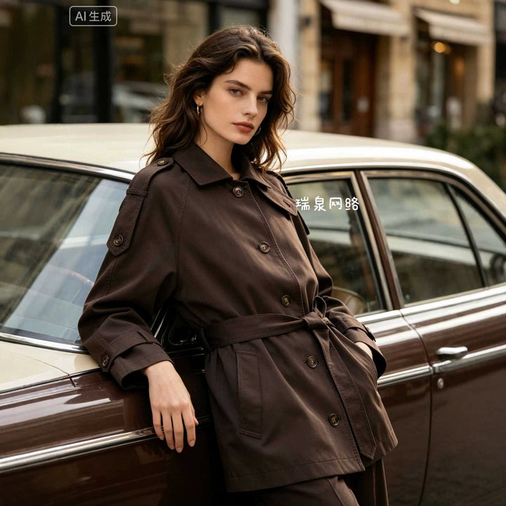 Ladies Short Cape Trench with Belt and Epaulettes Mune Fashion